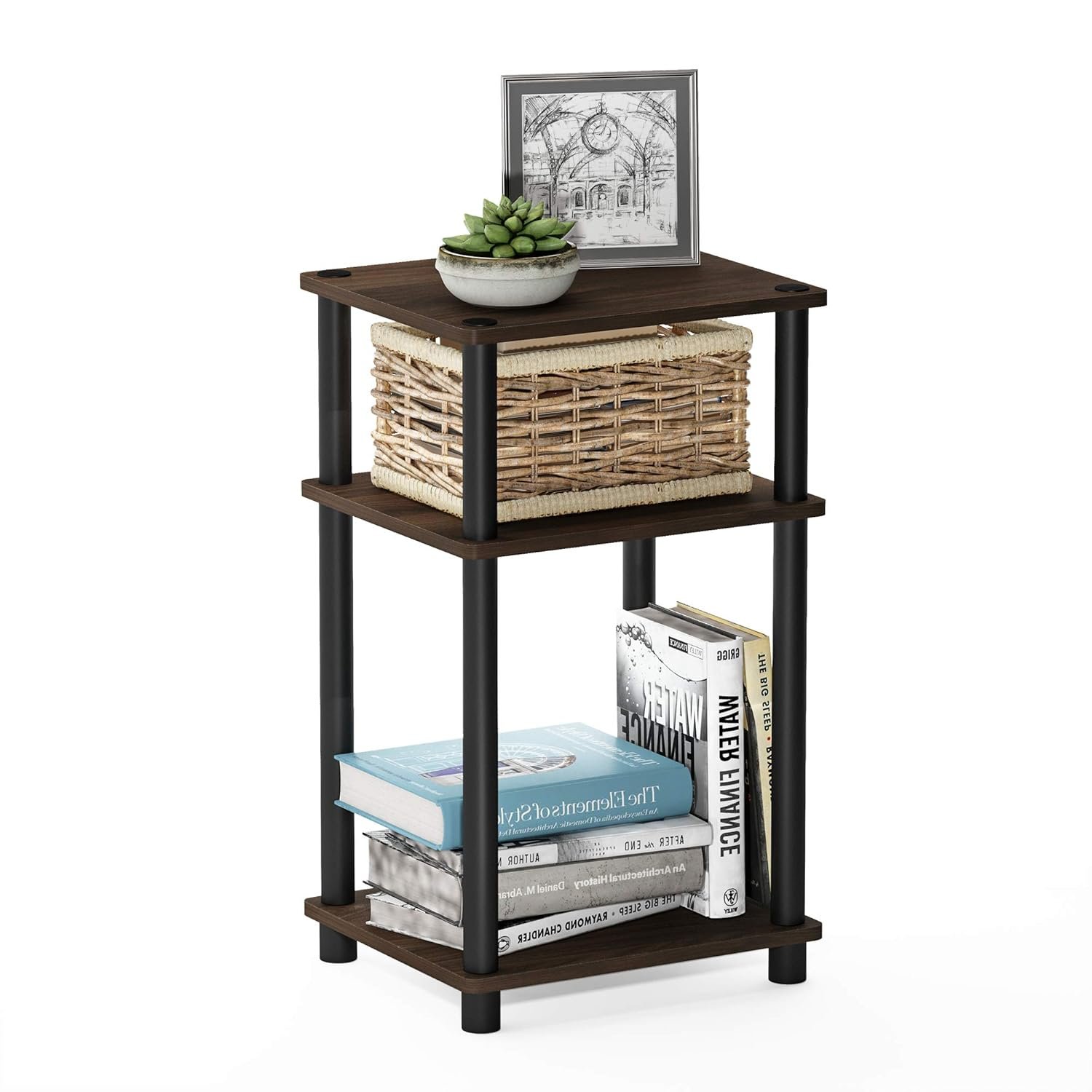 Furinno Just 3-Tier Turn-N-Tube End Table, Side Table, Nightstand, Columbia Walnut/Black
