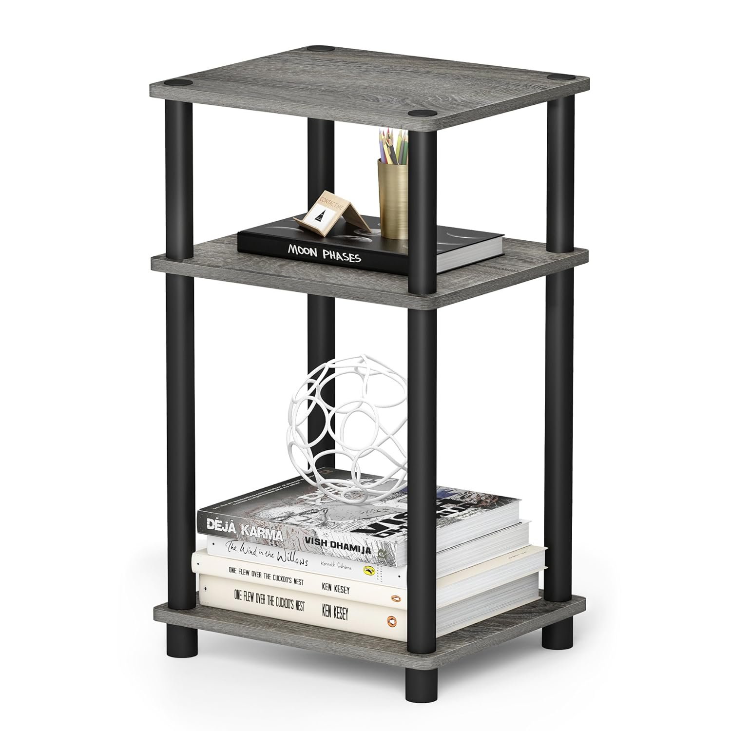 Furinno Just 3-Tier Turn-N-Tube End Table, Side Table, Nightstand, French Oak/Black