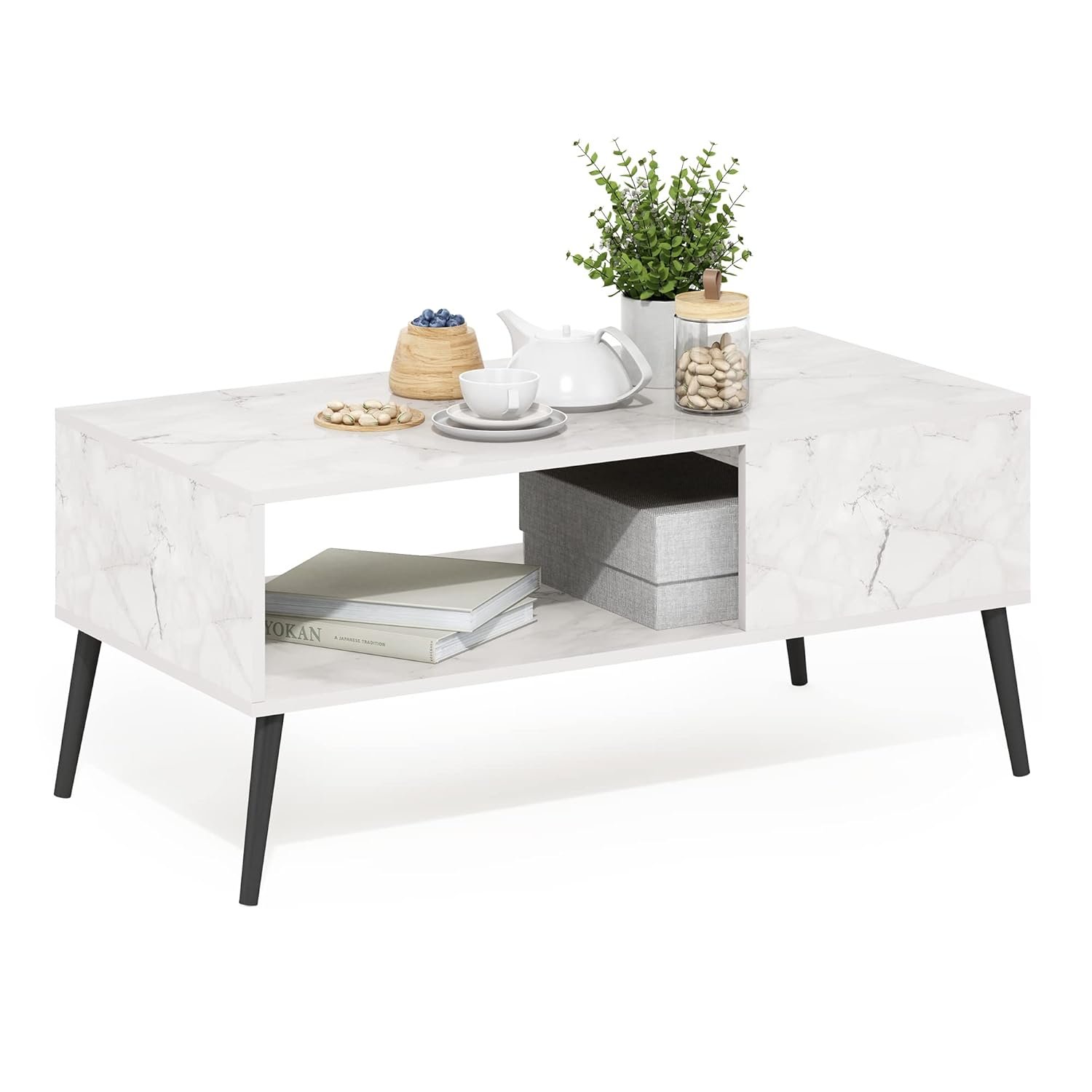 Furinno Mid Century Style Coffee Table with Wood Legs, Marble White, 50.01 (D) x 100 (W) x 45.01 (H) cm