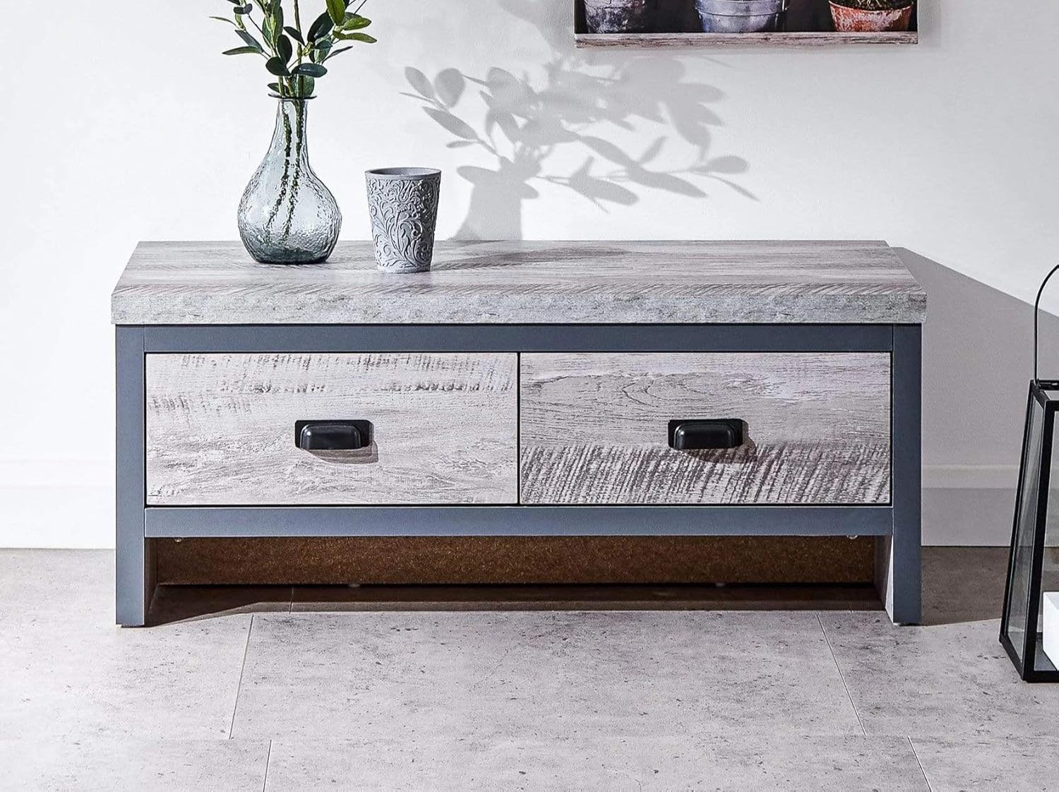 GFW Boston 2 Drawer Coffee Table Grey With Distressed Finish For Living Room, With 2 Storage Drawers For Entertainment Controls, Magazine Or Books, 87 cm Width x 48 cm Depth x...