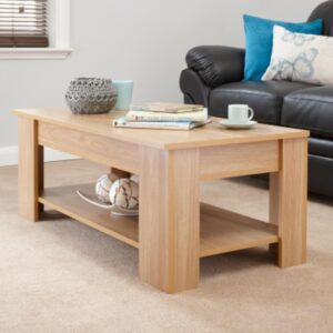 GFW Lift Up Coffee Table With Hidden Storage For Living Room. Modern Wooden Lift Top Coffee Tables With Display Shelf & Storage Compartment For Media & Accessories, Oak, H39.5cm...