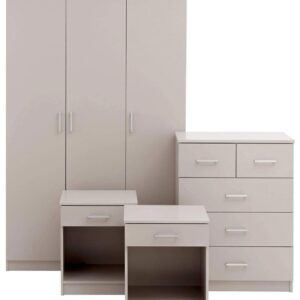 GFW Panama Bedroom Sets With Wardrobe, Chest Of Drawers & Bedside Tables, Modern Wooden Matching Bedroom Furniture Storage Set, Light Grey, 4 Piece Set