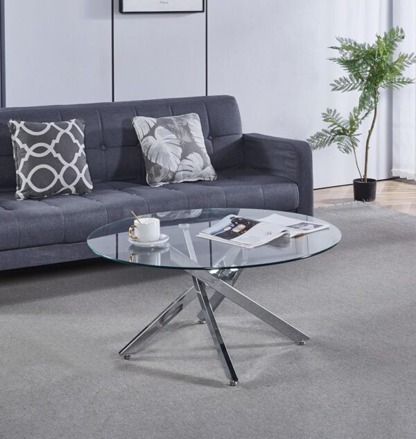 Hallowood Furniture Cullompton Modern Glass Top Coffee Table with 4 Crossed Chrome Metal Legs, Small Round Coffee Table, Clear Tempered Glass Center Tables For Living Room and...