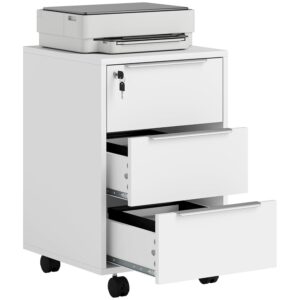 HOMCOM 3-Drawer Lockable Filing Cabinet, File Cabinet on Wheels, Mobile Office Storage Drawers for Home Office, Bedroom and Living Room, White