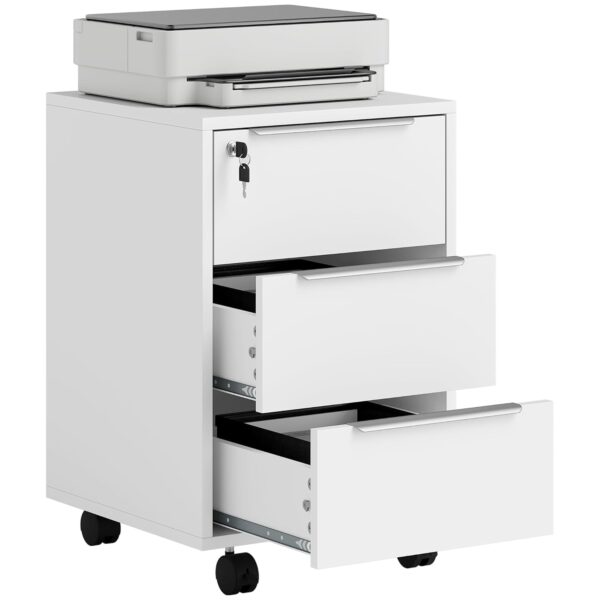 HOMCOM 3-Drawer Lockable Filing Cabinet, File Cabinet on Wheels, Mobile Office Storage Drawers for Home Office, Bedroom and Living Room, White
