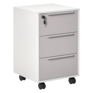 HOMCOM 3-Drawer Lockable Filing Cabinet, File Cabinet on Wheels, Mobile Office Storage Drawers for Home Office, Bedroom and Living Room, White and Grey
