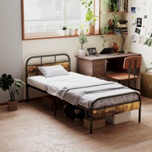 HOMCOM 3ft Single Bed Frame, Platform Bed Frame with Headboard and Underbed Storage, Slat Support, Easy Assembly & No Box Spring Needed, Rustic Brown