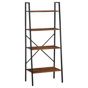 HOMCOM 4-Tier Vintage Ladder Shelf Bookcase Wood Storage Rack Stand Plants Display Black Brown