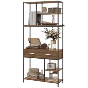 HOMCOM 5 Tier Bookcase, Industrial Book Shelf with 2 Drawers and Metal Frame, Bookshelf for Home Office, Study, Living Room, Brown