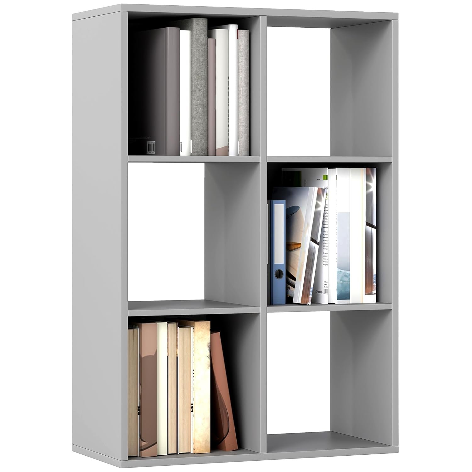 HOMCOM 6-Cube Bookshelf, Modern Freestanding 3-Tier Bookcase, Display Shelving Unit for Living Room, Bedroom, Home Office, Study, Light Grey