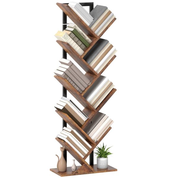 HOMCOM 9-Tier Tree Bookshelf, Industrial Free Standing Bookcase with Steel Frame, Display Storage Unit for CDs, DVDs, Albums, Living Room, Bedroom, Home Office, Study, Rustic Brown