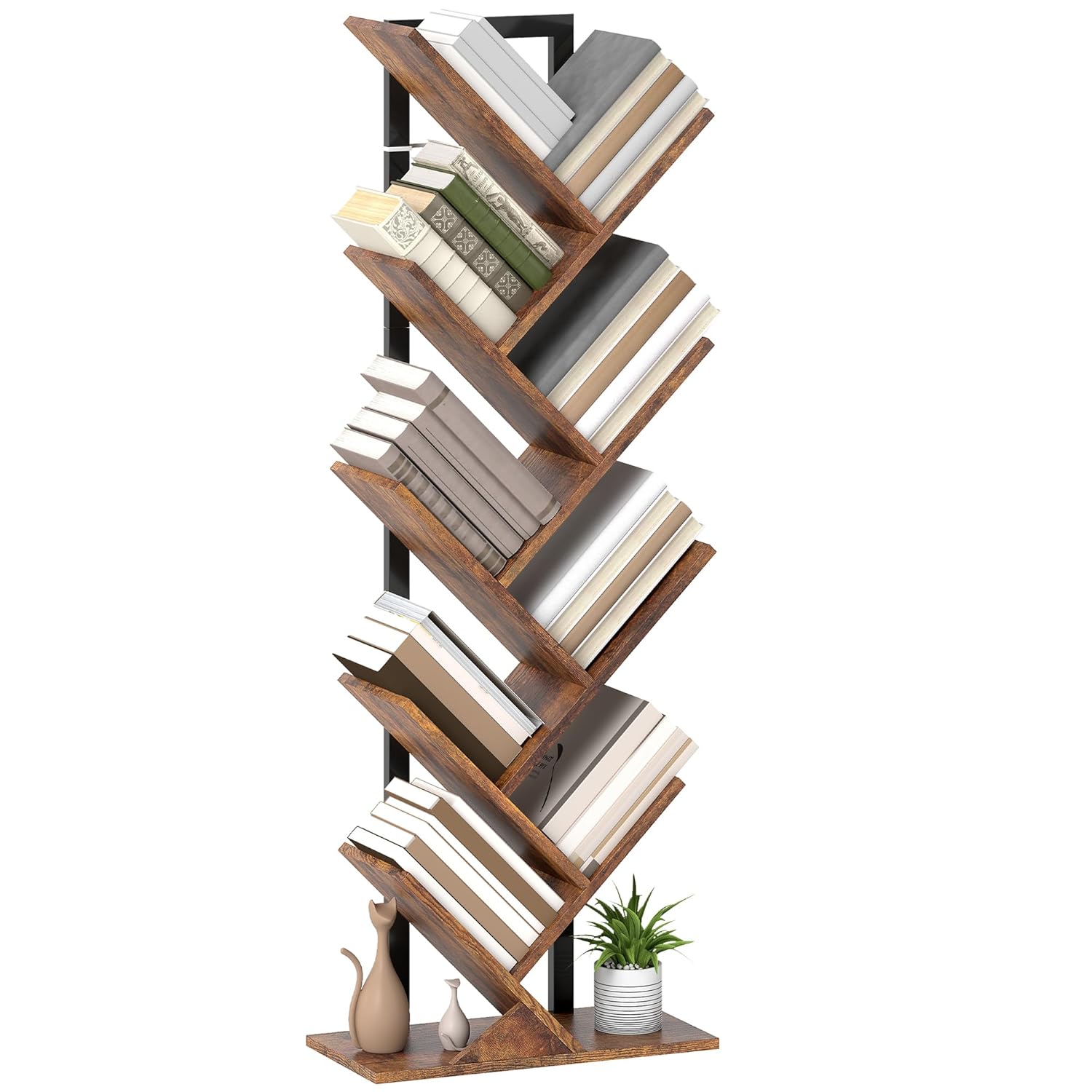 HOMCOM 9-Tier Tree Bookshelf, Industrial Free Standing Bookcase with Steel Frame, Display Storage Unit for CDs, DVDs, Albums, Living Room, Bedroom, Home Office, Study, Rustic Brown