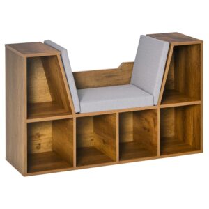 HOMCOM Bookcase Storage Shelf with Cushioned Reading Seat, Cube Bookshelf Organizer for Bedroom Living Room, Rustic Brown