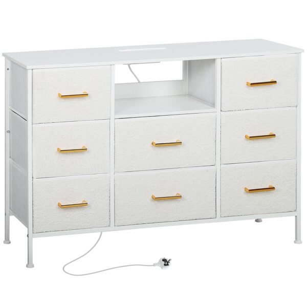 HOMCOM Boucle Chest of Drawers, 8 Fabric Drawers Storage Organiser with Charging Station, 2 USB and 2 AC Ports, Steel Frame, Fabric Dresser for Living Room, Bedroom, Hallway,...