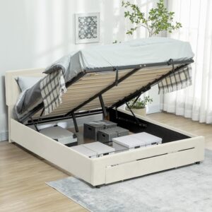 HOMCOM Double Ottoman Bed Frame, 4ft6 Gas Lift Storage Bed with 2-Level Adjustable Velvet Upholstered Headboard, Wheeled Drawer and Wooden Slats, No Mattress, Cream White