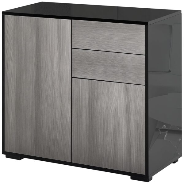 HOMCOM High Gloss Frame Sideboard, Side Cabinet, Push-Open Design with 2 Drawer for Living Room, Bedroom, Light Grey and Black