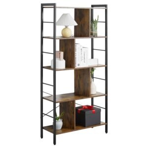 HOMCOM Industrial Storage Unit, 5 Tiers Bookcase with Open Compartments for Office Living Room, Bedroom, Rustic Brown and Black