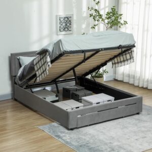 HOMCOM King Size Ottoman Bed Frame, 5ft Gas Lift Storage Bed with 2-Level Adjustable Velvet Upholstered Headboard, Wheeled Drawer and Wooden Slats, No Mattress, Grey