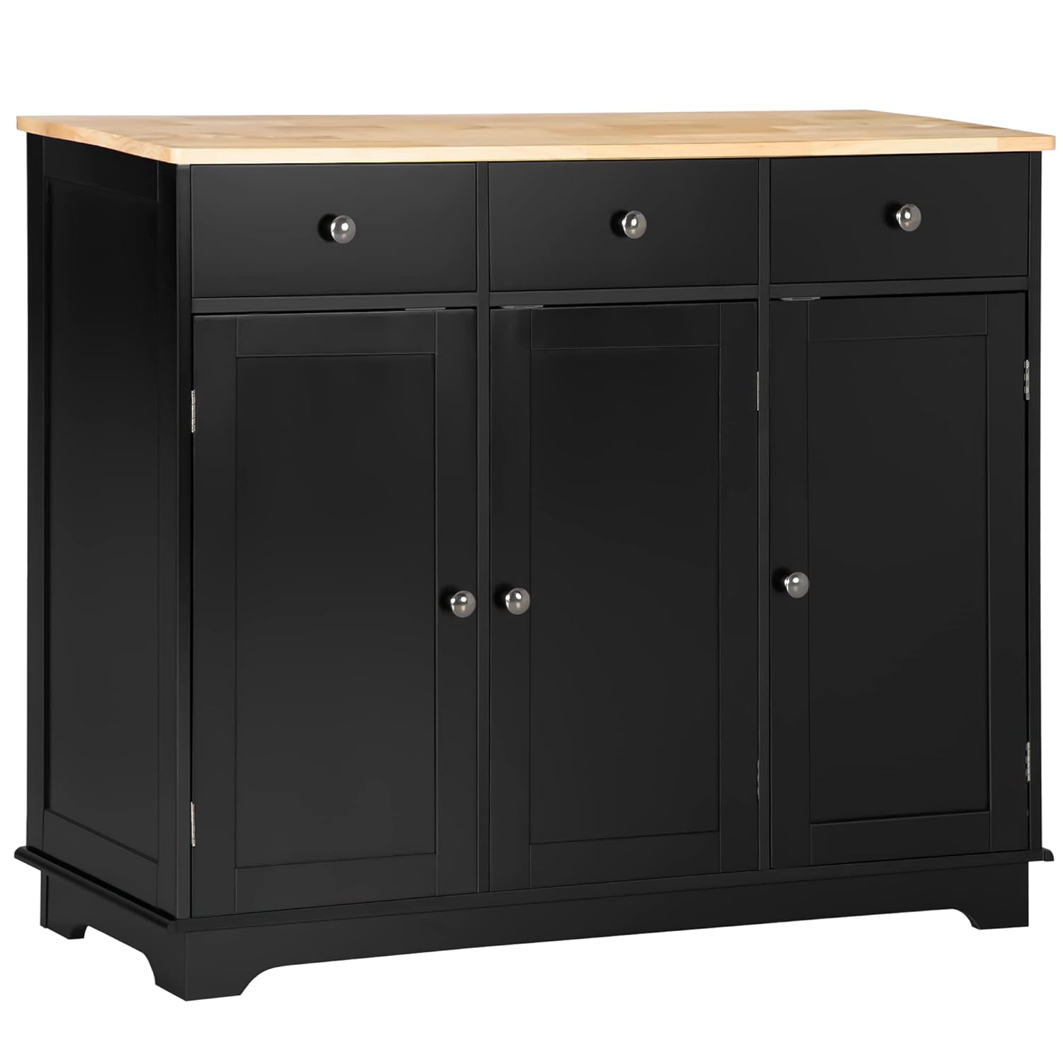 HOMCOM Modern Sideboard with Rubberwood Top, Buffet Cabinet with Storage Cabinets, Drawers and Adjustable Shelves for Dining Room, Kitchen, Black