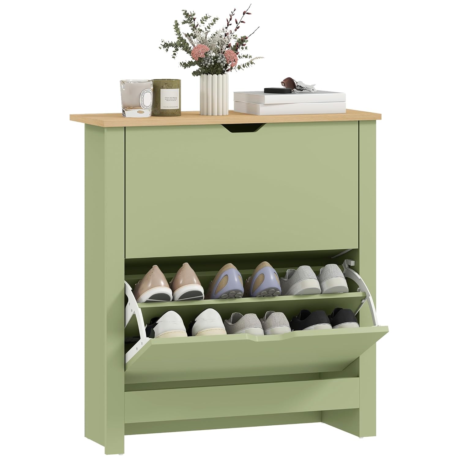 HOMCOM Narrow Shoe Cabinet, Space Saving Shoe Storage Cabinet with 2 Flip Drawers and Adjustable Shelves for 6-12 Pairs of Shoes for Hallways and Living Room, Green