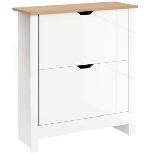 HOMCOM Narrow Shoe Cabinet, Space Saving Shoe Storage Cabinet with 2 Flip Drawers and Adjustable Shelves for 6-12 Pairs of Shoes for Hallways and Living Room, High Gloss White