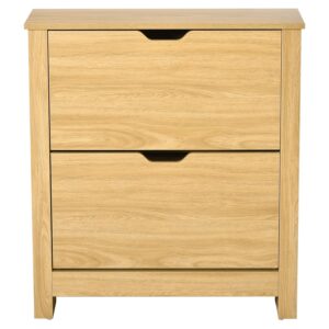 HOMCOM Narrow Shoe Cabinet, Space Saving Shoe Storage Cabinet with 2 Flip Drawers and Adjustable Shelves for 6-12 Pairs of Shoes for Hallways and Living Room, Natural Wood Finish