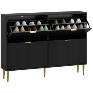 HOMCOM Narrow Shoe Cabinet with 4 Flip Drawers, Modern Slim Shoe Storage Cabinet with Fluted Doors and Adjustable Shelves for Hallway, Holds 20 Pairs, Black