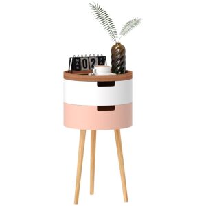 HOMCOM Round Side Table, Bedside Table with 2 Hidden Storage, Removable Top Tray and Wooden Legs for Living Room, Multicolour