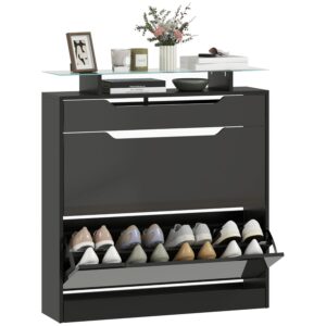HOMCOM Shoe Storage Cabinet, Shoe Cupboard with Slide Out Drawer, 2 Flip Doors, Tempered Glass Top and Adjustable Shelves for 16 Pairs of Shoes, Black