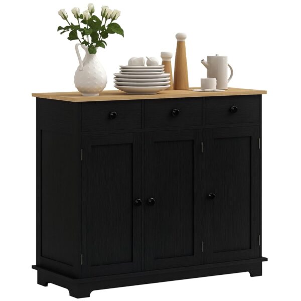 HOMCOM Sideboard with Rubber Wood Top, Modern Storage Cabinet, Kitchen Cupboard with 3 Doors, 3 Drawers and 3 Adjustable Shelves for Dining Room, Living Room, Black Wood-Effect