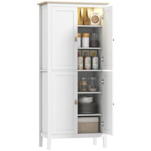 HOMCOM Tall Kitchen Cupboard with Motion Sensor LED Light, 3-Colour Dimmable Lighting, 177 cm Freestanding Storage Cabinet with Doors and Adjustable Shelves, White