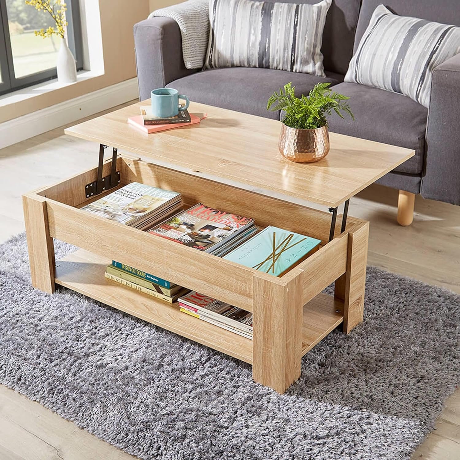Home Source Coffee Table with Lift Up Top Storage Area and Magazine Shelf, Oak Effect
