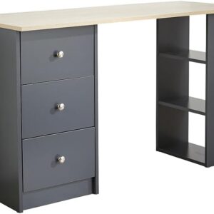 Home Source Computer Desk Bedroom Office Furniture, 3 Drawer, 3 Shelf, Dark Grey