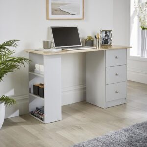 Home Source Computer Desk Bedroom Office Furniture, 3 Drawer, 3 Shelf, Grey