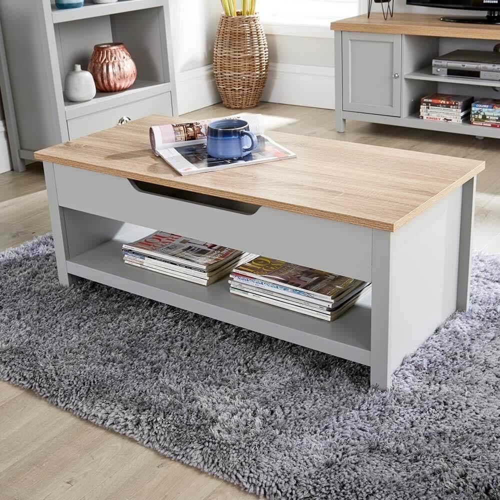 Home Source Lift Up Coffee Occasional Table, Storage Shelf, Oak Effect, Grey