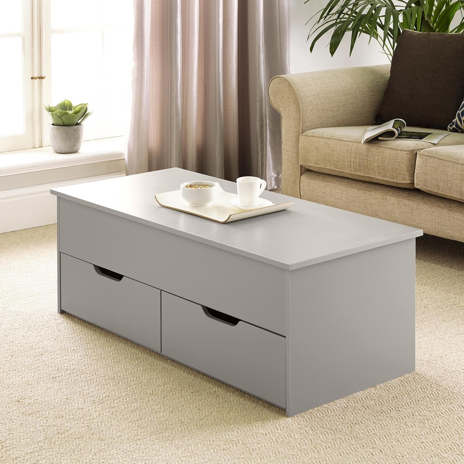 Home Source Lift Up Top Living Room Coffee Table, Pivoting Lid, Locking Support, 2 Large Storage Drawers, Grey