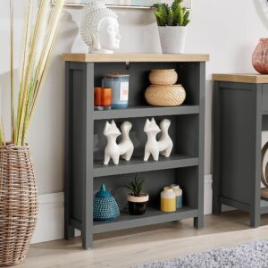 Home Source Low Bookcase Display Unit, 3 Bookshelves, Oak Effect, Dark Grey