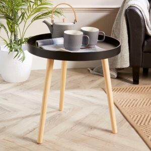 Home Source Round Coffee Accent Side Lamp Drinks Table, Lipped Edge, Solid Pine Legs, Black