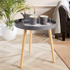 Home Source Round Coffee Accent Side Lamp Drinks Table, Lipped Edge, Solid Pine Legs, Grey