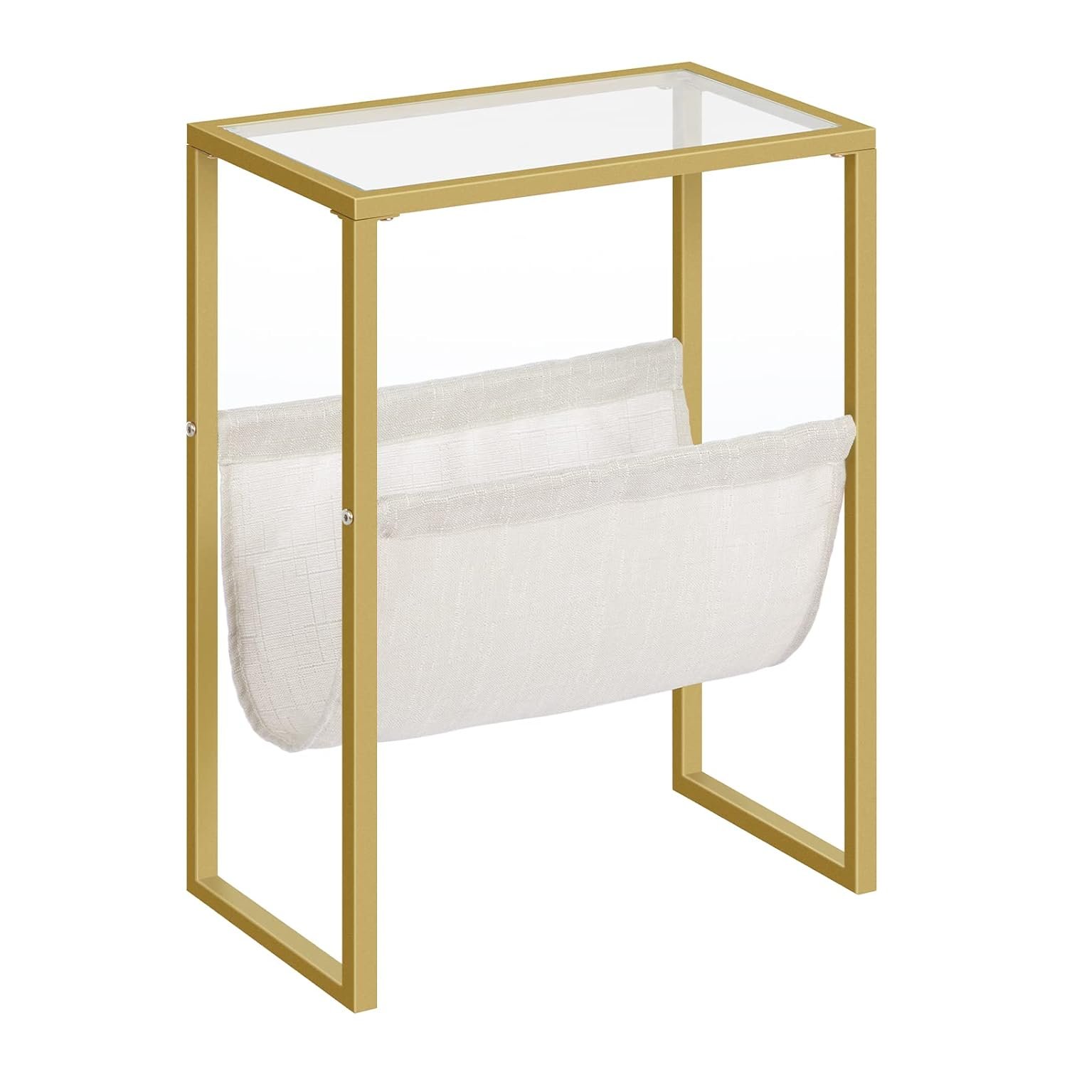 HOOBRO Gold Side Table, Narrow Side Table, Modern Slim Table with Tempered Glass Top, Sofa End Table with Fabric Magazine Holder, Bedside Table for Small Spaces, Bedroom, Living...