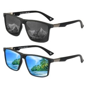 Jim Halo Retro Polarised Sunglasses for Men Women Square UV400 Mirror Lens for Driving Fishing Sun Glasses 2 Packs