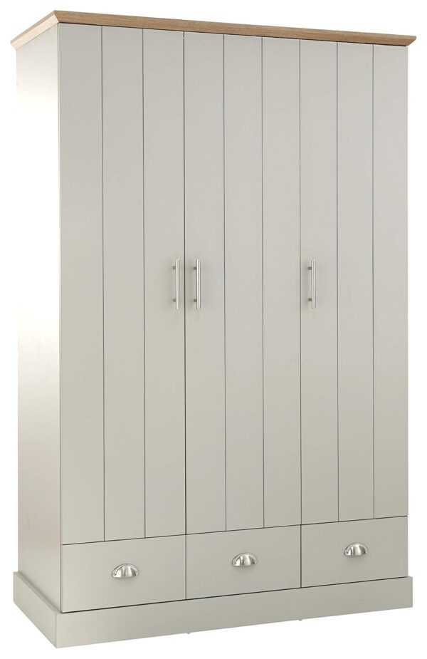 Kendal 3 Door Wardrobe With Hanging Rail & 3 Storage Drawer For Bedroom, Modern Wooden Wardrobes, Modern Bedroom Furniture Clothes Storage With Contrast Oak Top, Grey
