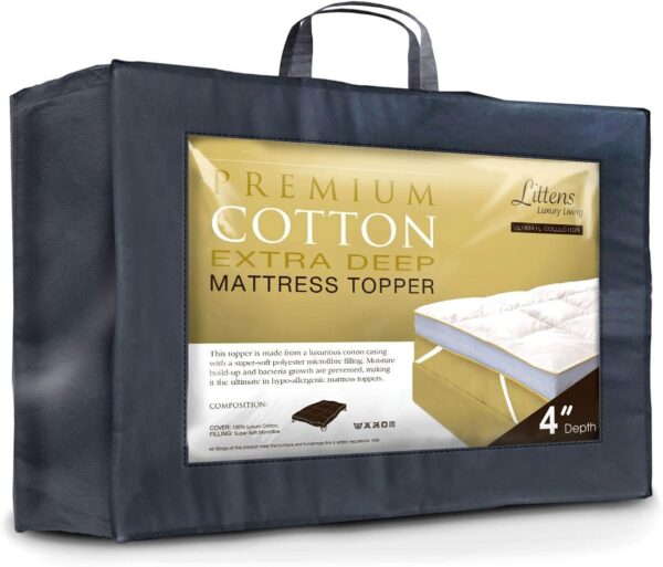 Littens 4" Extra Deep Ultimate Premium Cotton Soft As Down Hotel Collection Emperor Bed Size Mattress Topper 280TC Cotton Casing, Microfibre Filling (6ft6, 200cm x 200cm x 10cm)