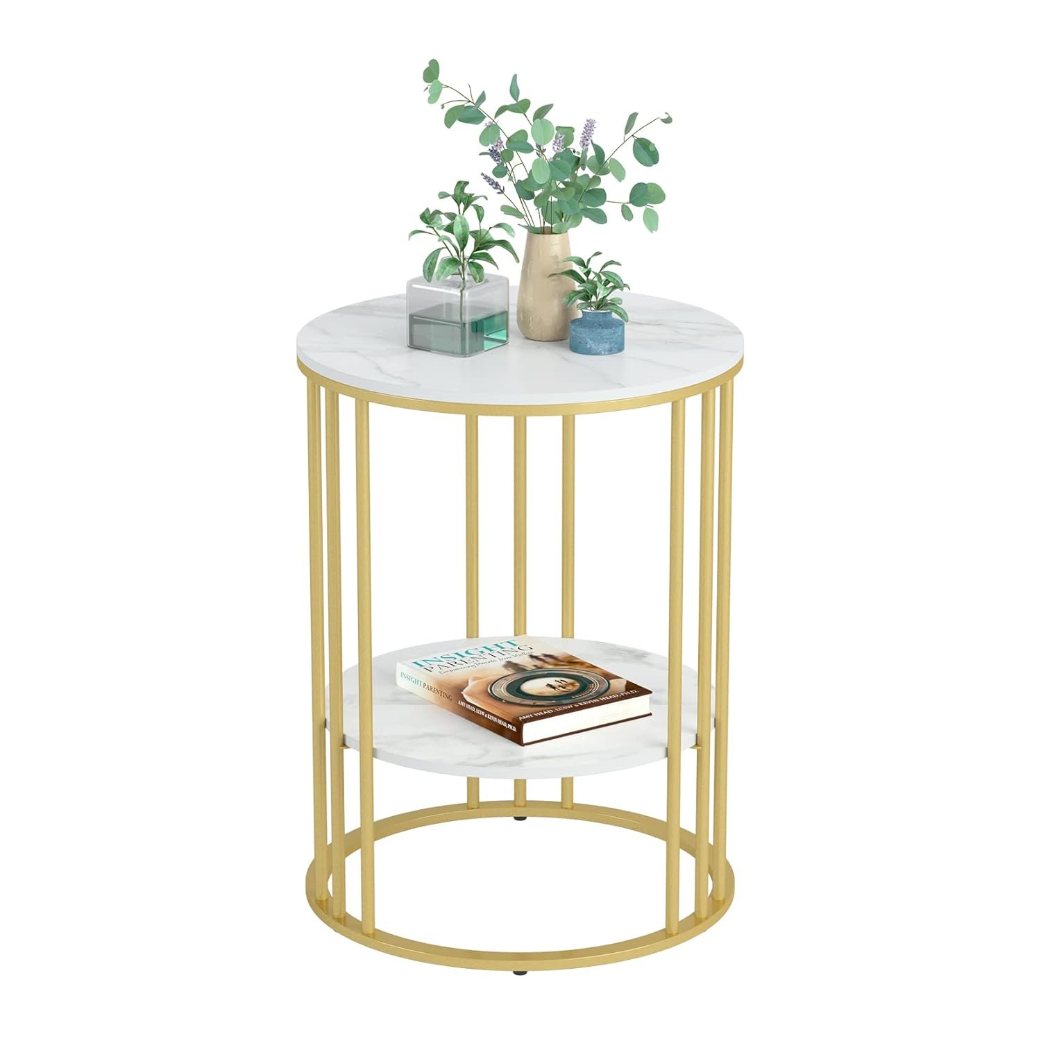 Marble Top Side Table Gold: Small Circle End Tables 40 x 54cm Sintered Stone Bedside with Metal Golden Legs Modern White Nightstand 2 Tier Round Sofa Coffee Table for Bedroom...