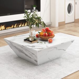 Marbling Veneer Coffee Table with Storage - White Square Nesting Table for Living Room - Versatile Side Table with 2 Cabinets - Functional and Chic Centre Table - 70 * 70 * 36cm