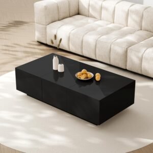 Merax Black High-Gloss Coffee Table with Push-Pull Storage, Double-Sided Drawers, 100×50×31 cm, Modern Living Room Center Table, Compact Storage Table