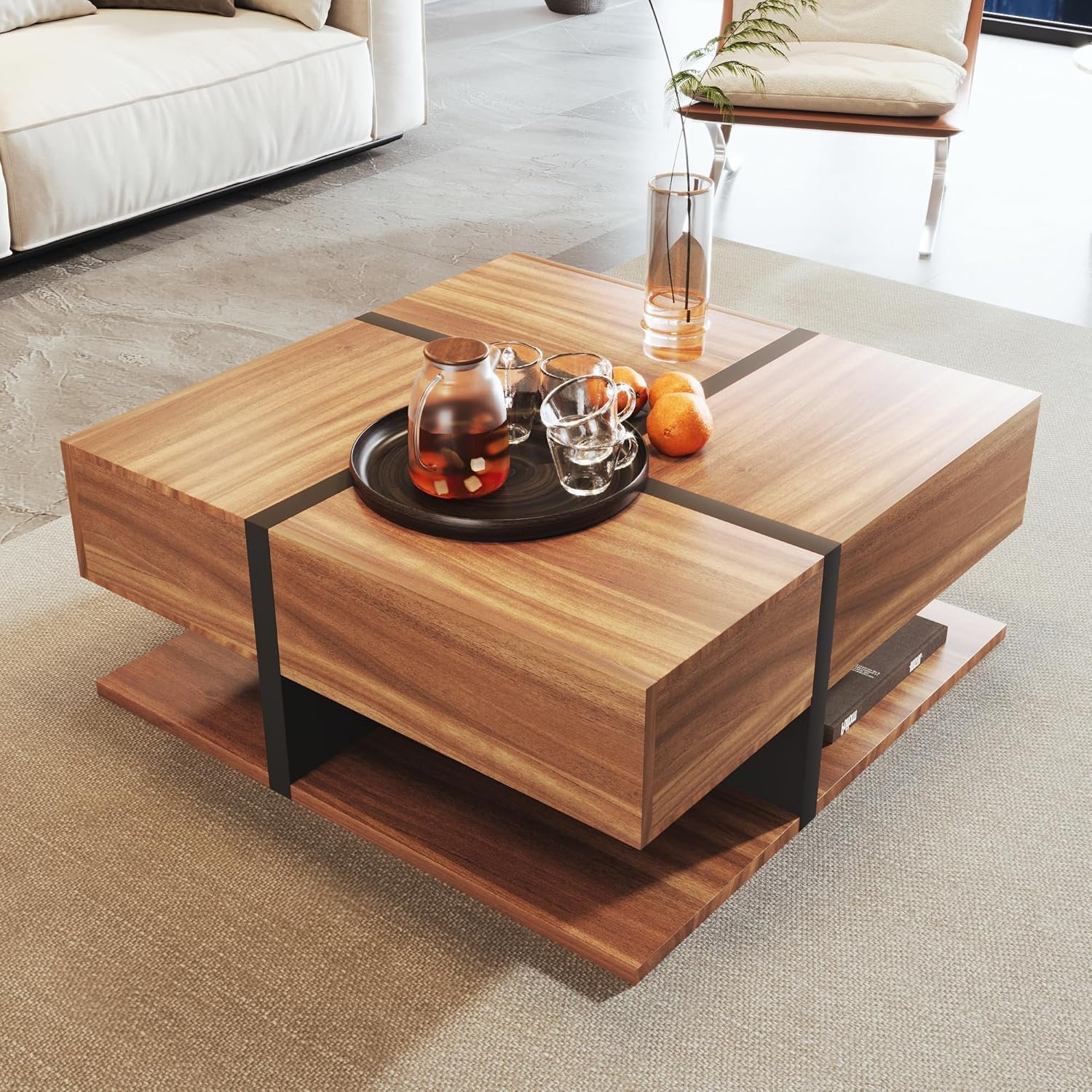 Merax Coffee Table with 4 Drawers, Unique Color Matching and Line Design, Living Room Coffee Table with Storage Space at the Bottom, Modern Square Design, 78x78x36cm, Natural