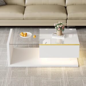 Merax High-Gloss Coffee Table,LED Effect,Tempered Glass Top & Gold - Accented Edge,2 - Tier Storage for Living Room,White,90 * 50 * 32.5cm