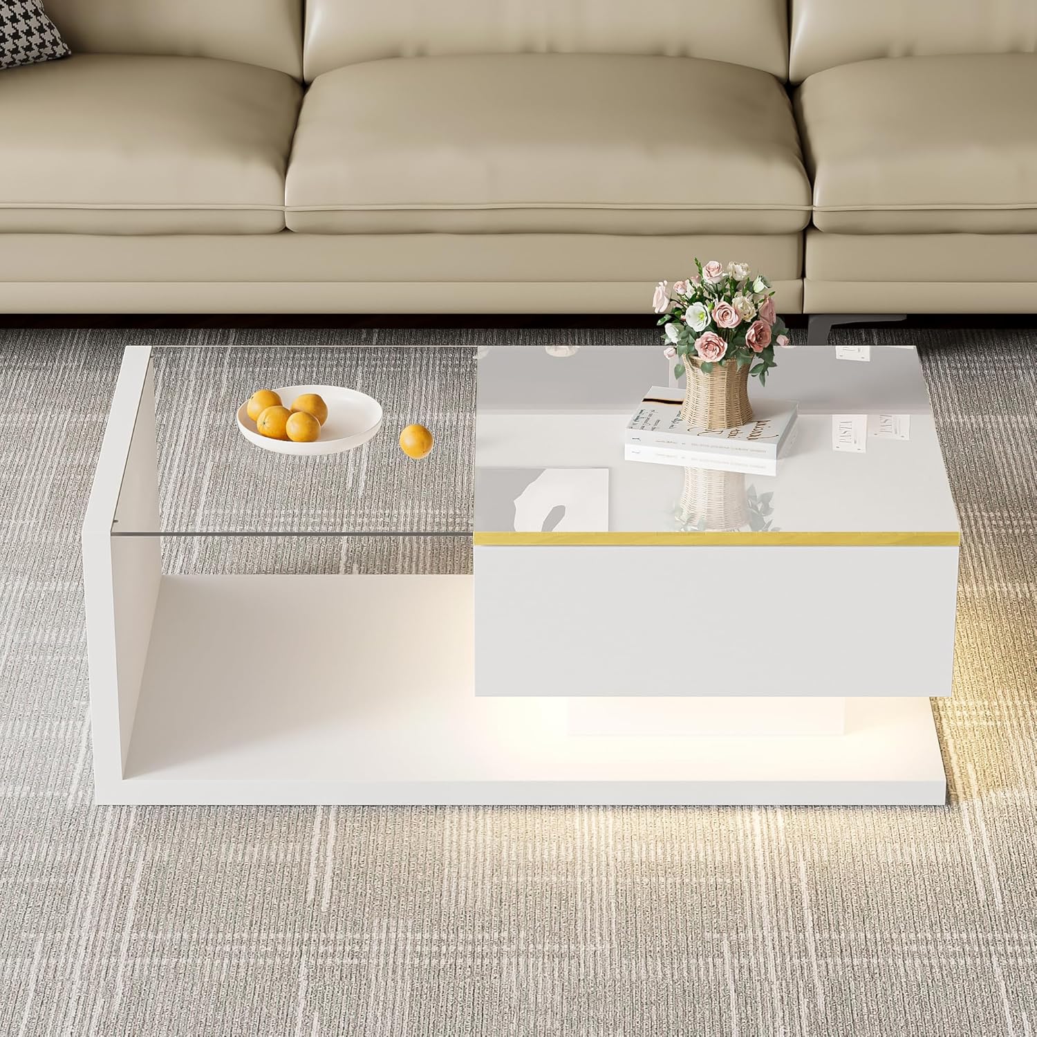 Merax High-Gloss Coffee Table,LED Effect,Tempered Glass Top & Gold - Accented Edge,2 - Tier Storage for Living Room,White,90 * 50 * 32.5cm