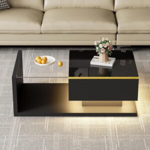 Merax High-Gloss Coffee Table,LED Effect,Tempered Glass Top & Gold - Accented Edge,2 - Tier Storage for Living Room,Black,90 * 50 * 32.5cm